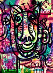 Artistic poster of weird character. Digital painting with colorful abstract background.