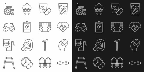 Set line Eyeglasses, Male head with hospital, Heart rate, Medicine pill or tablet, Medical prescription, Wheelchair and Adult diaper icon. Vector