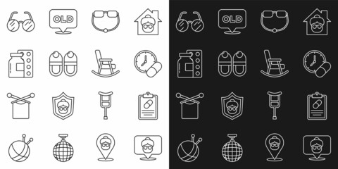Set line Nursing home, Medical prescription, Medicine pill or tablet, Eyeglasses, Slippers, Pills blister pack, and Rocking chair icon. Vector