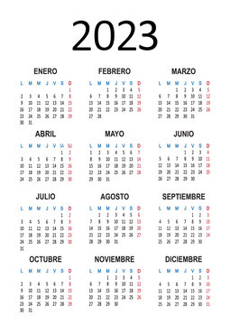 Spanish calendar 2023 year. Week starts on Monday. Vector illustration