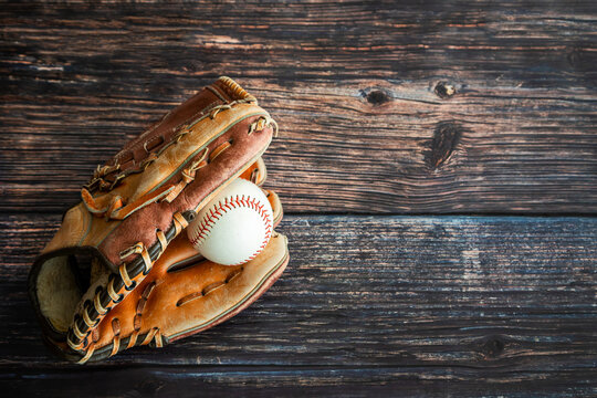 Leather Baseball or Softball Glove With Ball and Copy Space