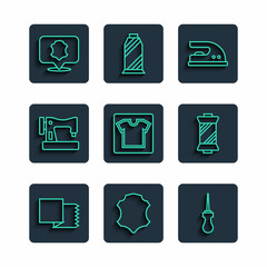 Set line Textile fabric roll, Leather, Awl tool, Electric iron, Sewing pattern, machine, and thread spool icon. Vector