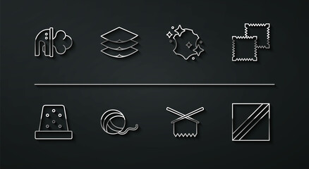 Set line Electric iron, Thimble for sewing, Textile fabric roll, Knitting needles, Yarn ball, Layers clothing textile, and Leather icon. Vector