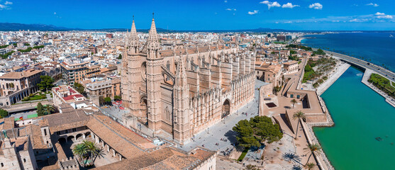 Aerial view of La Seu, the gothic medieval cathedral of Palma de Mallorca in Spain
