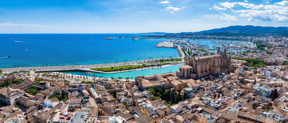 Aerial view of the capital of Mallorca - Palma de Mallorca in Spain. A touristic city by the sea.