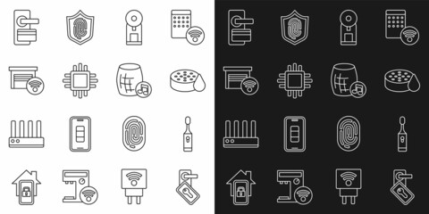 Set line Digital door lock, Electric toothbrush, Water sensor, Smart coffee machine, Processor with CPU, garage, and Voice assistant icon. Vector