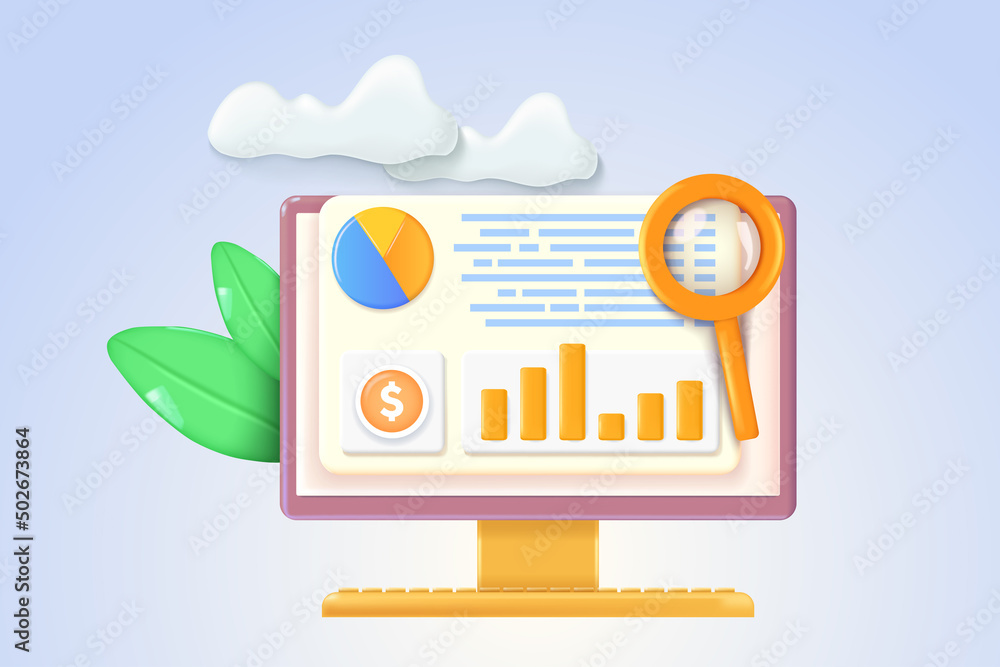 Wall mural data analytics, dashboard and business finance report. 3d web vector illustrations.