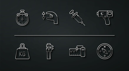 Set line Stopwatch, Weight, Digital thermometer, Measuring instrument, Calliper or caliper and scale, Approximate measurements, Compass and Syringe icon. Vector