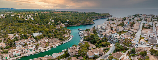 Aerial view of the Porto Colom fishing village in Majorca, Spain.