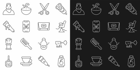 Set line Bottle of shampoo, Hairdresser pistol spray bottle, Barbershop chair, Scissors hairdresser, online service platform, Electrical clipper, Client barbershop and Blade razor icon. Vector