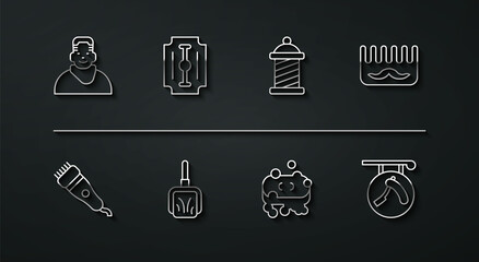 Set line Client in barbershop, Electrical hair clipper, Hairbrush, Bar of soap with foam, Dustpan, Blade razor, Barbershop and pole icon. Vector