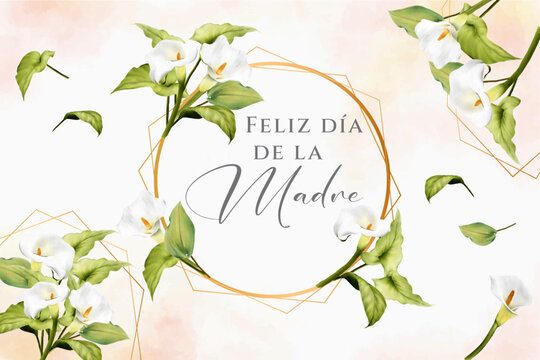 tarjeta o pancarta para el día de la madre en gris en un círculo con flores blancas de aro sobre un fondo degradado de salmón y blanco y las mismas flores blancas por todas partes
