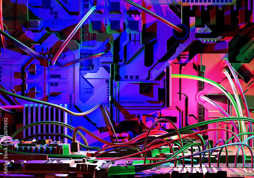 Poster cyber background. models of robot elements. cyber armor with wires. fragment of a video card in neon