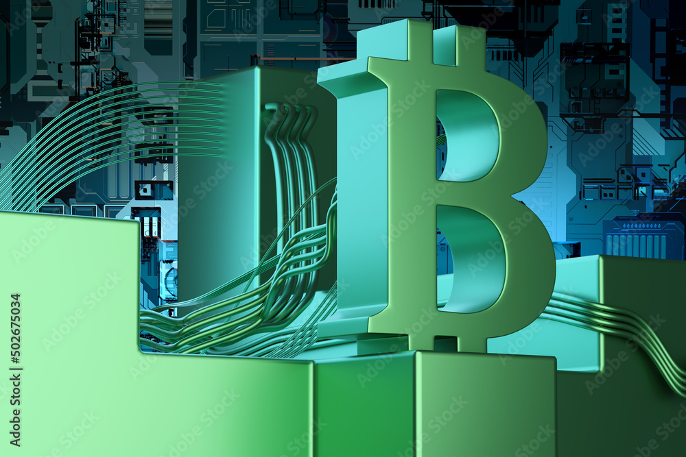 Poster mining crypto bitcoin. mining equipment. bitcoin logo in front of video card. bitcoin mining label w