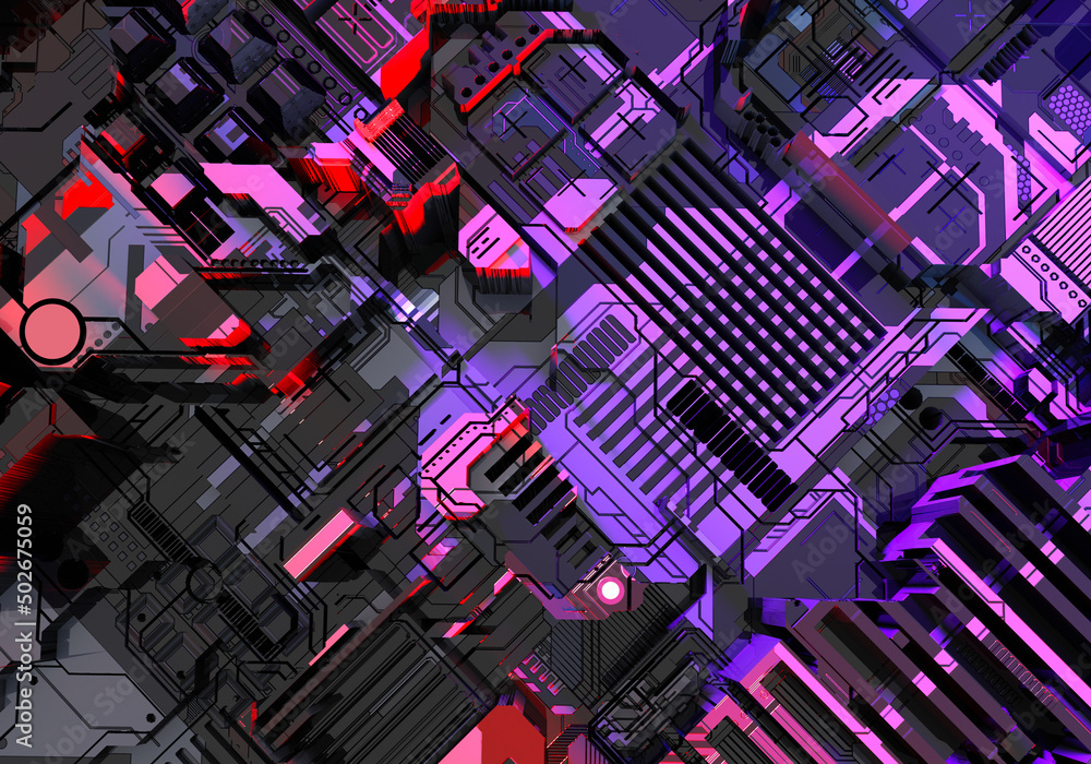 Poster realistic robot model. colorful robot armor. video card background with neon glow. close-up fragment
