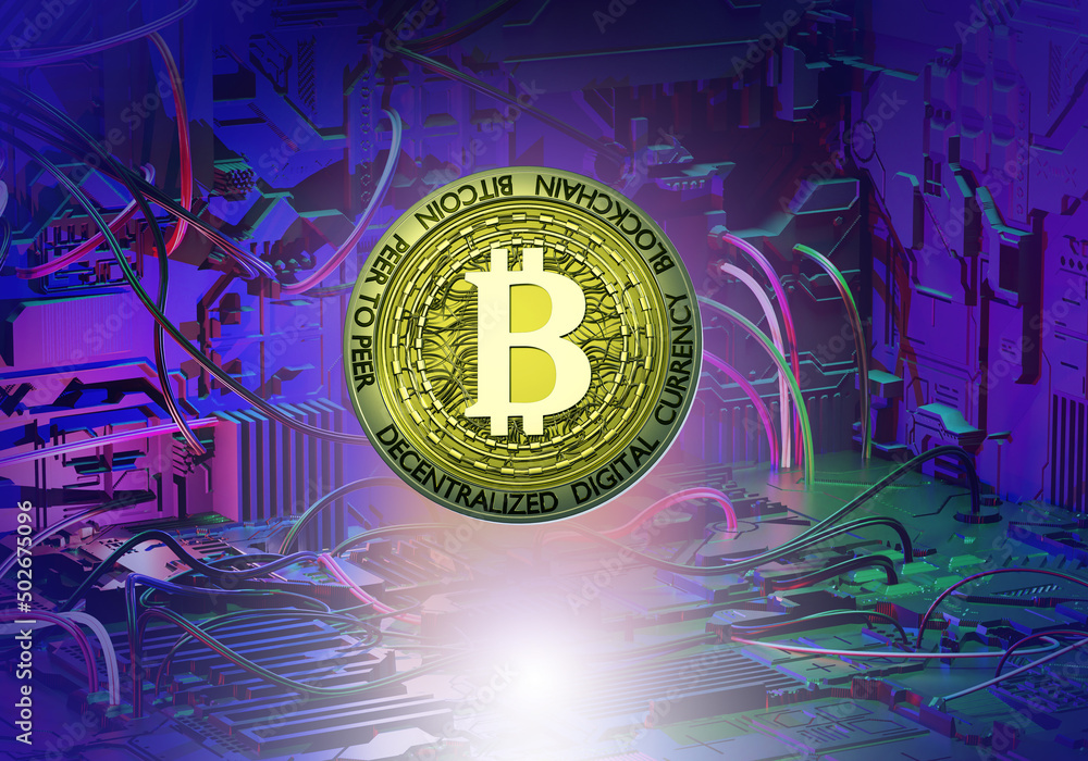 Poster bitcoin technology. bitcoin coin on background of computer circuit boards. decentralized digital coi