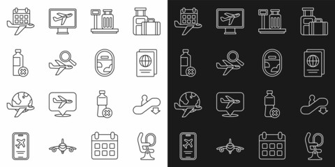 Set line Airplane seat, Escalator down, Passport, Scale with suitcase, search, No water bottle, Calendar and airplane and window icon. Vector