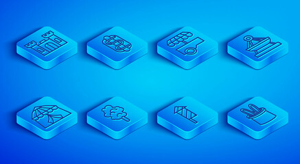 Set line Castle, Hotdog sandwich, Fast street food cart, Cotton candy, Firework rocket, Boat swing, Circus tent and Magician hat rabbit ears icon. Vector