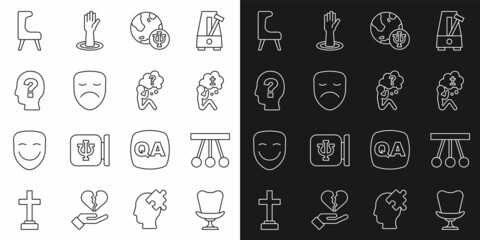 Set line Armchair, Pendulum, Man graves funeral sorrow, Psychology, Psi, Drama theatrical mask, Head with question mark, and icon. Vector