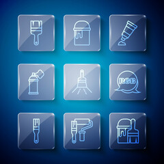Set line Paint brush, roller, bucket with, Tube paint palette, spray can, and RGB icon. Vector