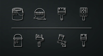 Set line Paint bucket, Spray can nozzle cap, spray gun, roller brush, RGB, and icon. Vector