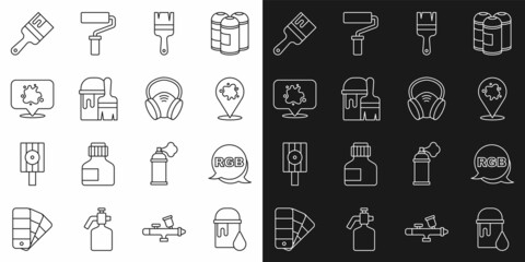 Set line Paint bucket, RGB, spray, brush, with, and Gas mask icon. Vector