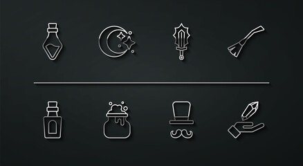 Set line Bottle with potion, Witches broom, Magician, cauldron, Moon and stars, stone and sword in fire icon. Vector