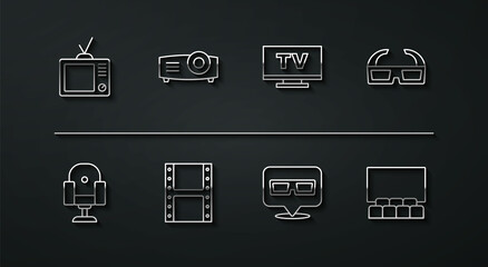 Set line Retro tv, Director movie chair, 3D cinema glasses, Play video, Movie, film, media projector, Cinema auditorium with screen and Smart Tv icon. Vector