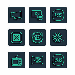 Set line Retro tv, Screen with 4k, 8k Ultra HD, 2k, Plus 18 movie, Movie spotlight, Megaphone and Film reel icon. Vector