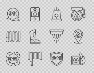 Set line Emergency call 911, Electric wiring of socket in fire, Flasher siren, Fire hose reel, boots, and Location with flame icon. Vector
