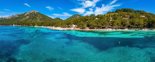 Tropical paradise beach with white sand and coco palms travel tourism wide panorama background...