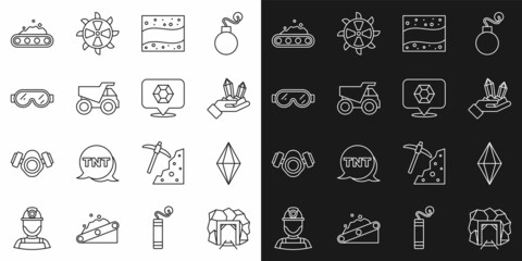 Set line Mine entrance, Gem stone, Gold mine, Mining dump truck, Safety goggle glasses, Conveyor belt carrying coal and icon. Vector