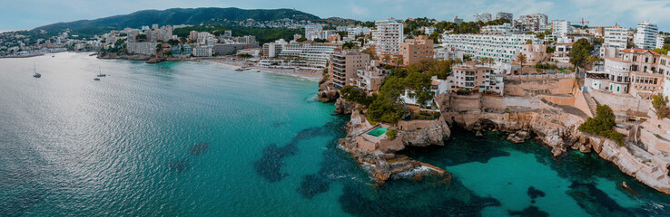 Bird's-eye panoramic view on the island Mallorca, port and sea, town Palma-de-Mallorca.