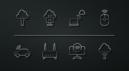 Set line Cloud upload, Smart car system, Wireless computer mouse, Tv, Router and wi-fi signal, Network cloud connection and icon. Vector