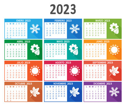2023 year Spanish calendar. Week starts on Lunes Monday. Vector illustration