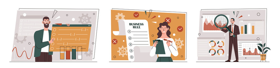 Project management set. Collection of employees working with graphs and charts. Analytical department and statistics, research. Cartoon flat vector illustrations isolated on white background