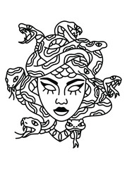 Medusa head with snakes greek myth creature coloring vector illustration. Line art minimalist abstract woman head. Snakes hair Goddess