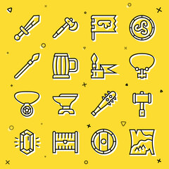 Set line Folded map, Battle hammer, Necklace with gem, Viking flag, Wooden beer mug, Medieval spear, sword and icon. Vector