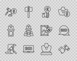 Set line Auction hammer, Hand holding auction paddle, Online, price, jewelry sale, and Bid icon. Vector