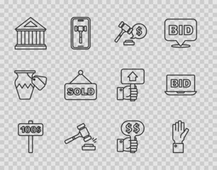 Set line Hand holding auction paddle, Auction hammer price, Museum building, sold, and Online icon. Vector