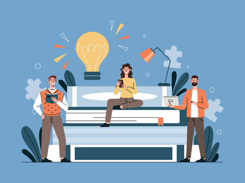 Students sitting on book. Men and girls love literature. Poster or banner for holiday. Education and self development, characters preparing for test or exam. Cartoon flat vector illustration