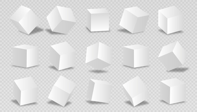 Blocks 3d modeling white. Collection of geometric shapes, set of graphic elements for website, cubes at different angles. Isometric realistic vector illustrations isolated on transparent backgrond