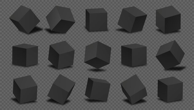 Blocks 3d modeling black. Collection of graphic elements for games and animations. Geometric shapes with shadows set. Isometric realistic vector illustrations isolated on transparent backgrond