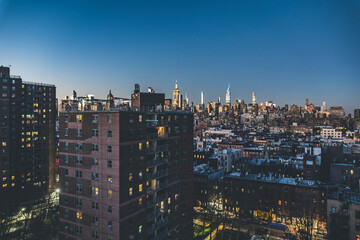 View from Alphabet City to Midtown Manhattan in NYC in the evening. Skyline of East side of Manhattan
