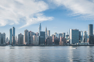 View from from Roosevelt Island to Midtown East buildings. Skyline of East side of Manhattan