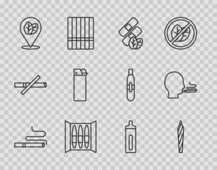 Set line Cigarette, Marijuana joint, spliff, Medical nicotine patches, Tobacco leaf, Lighter, Electronic cigarette and Man smoking icon. Vector