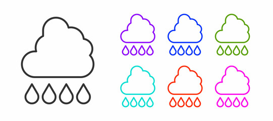 Black line Cloud with rain icon isolated on white background. Rain cloud precipitation with rain drops. Set icons colorful. Vector