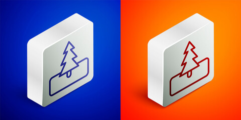 Isometric line Tree icon isolated on blue and orange background. Forest symbol. Silver square button. Vector