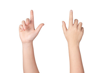 woman  gesturing hand up on white background.