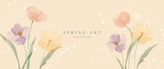 Abstract spring season floral Background. Warm tone blossom wallpaper design with wild flowers, blooms and leaves. Line art and watercolor texture perfect for banner, prints, wall art, decoration.